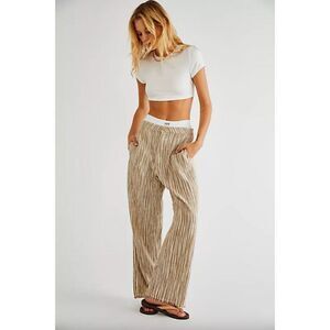 Free People tan white stripe Marta cotton straight leg raw frayed hem trousers